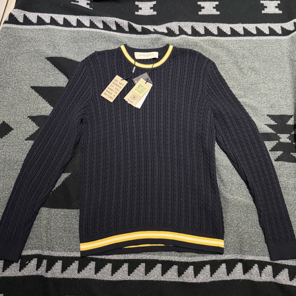 Golden Goose Navy Men's Round-Neck Sweater With Contrasting Ribbing Size M New